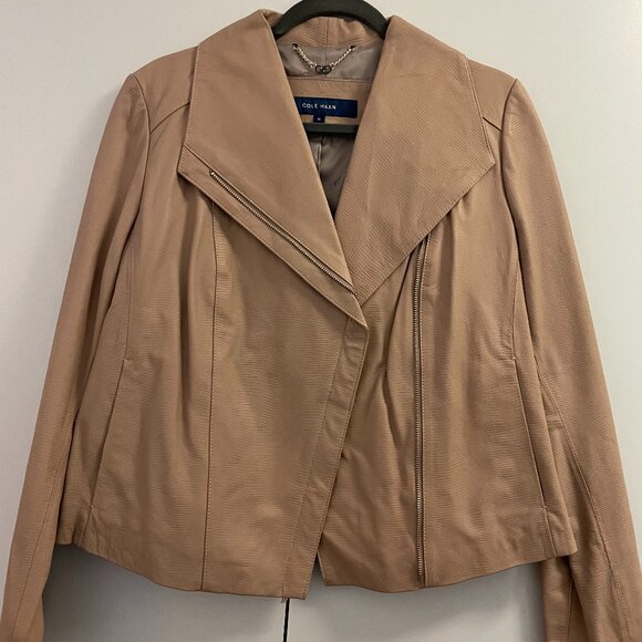 Cole Haan Lamb Skin Leather Round Neck Front Zip Moto Jacket NWOT - Picture 2 of 6